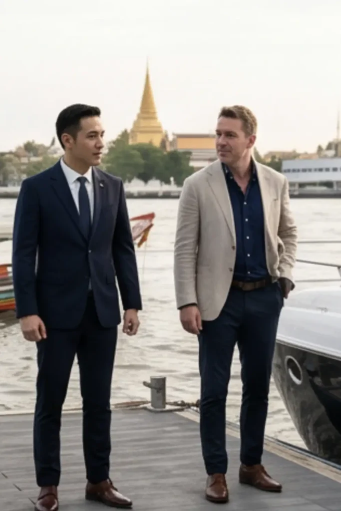 bodyguard with client at chopraya river for cruise trip