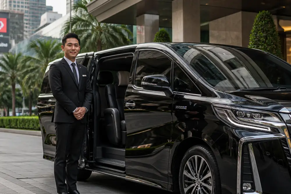 chauffeur standing by an open van door before a bangkok group transfer