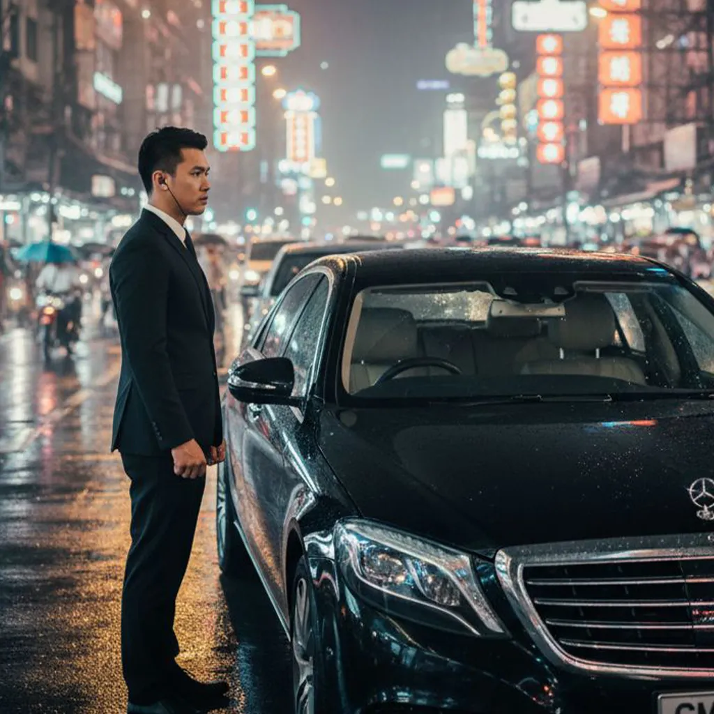 close protection officer monitoring surroundings beside luxury sedan bangkok