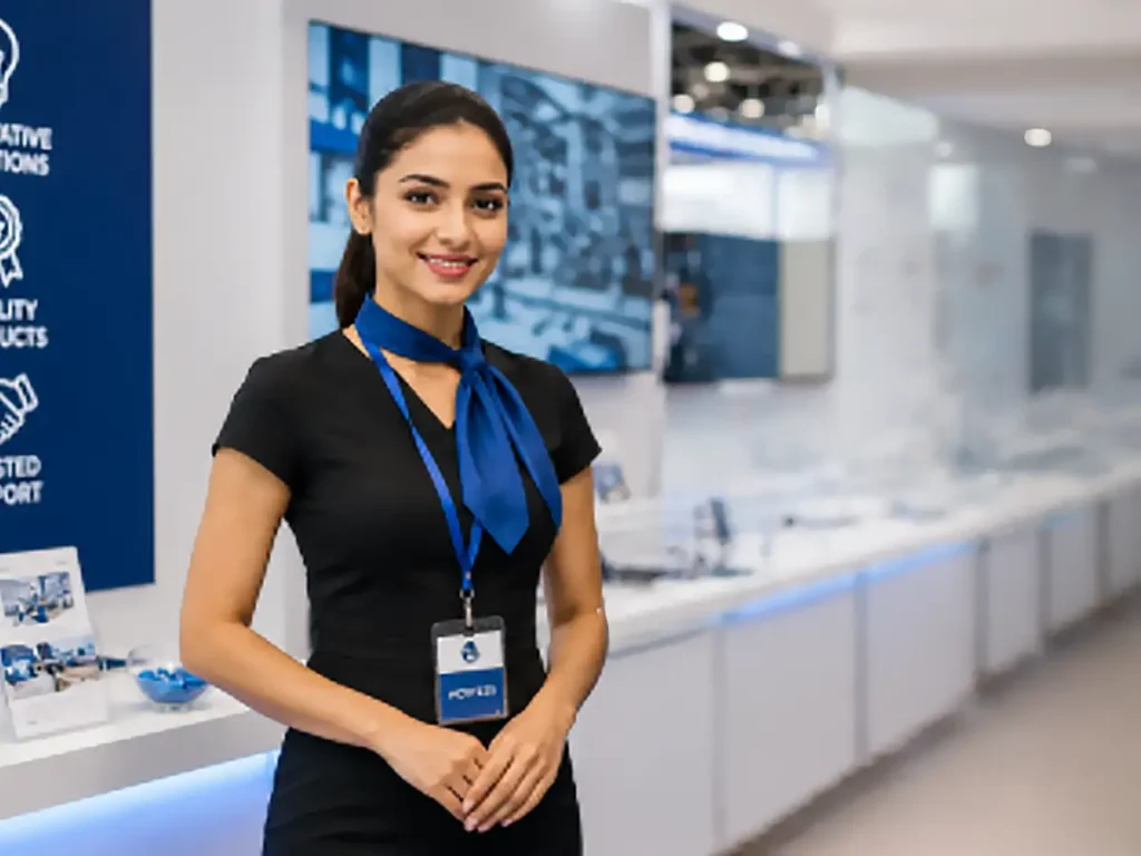 corporate trade show hostess representing a client brand at a bangkok exhibition booth