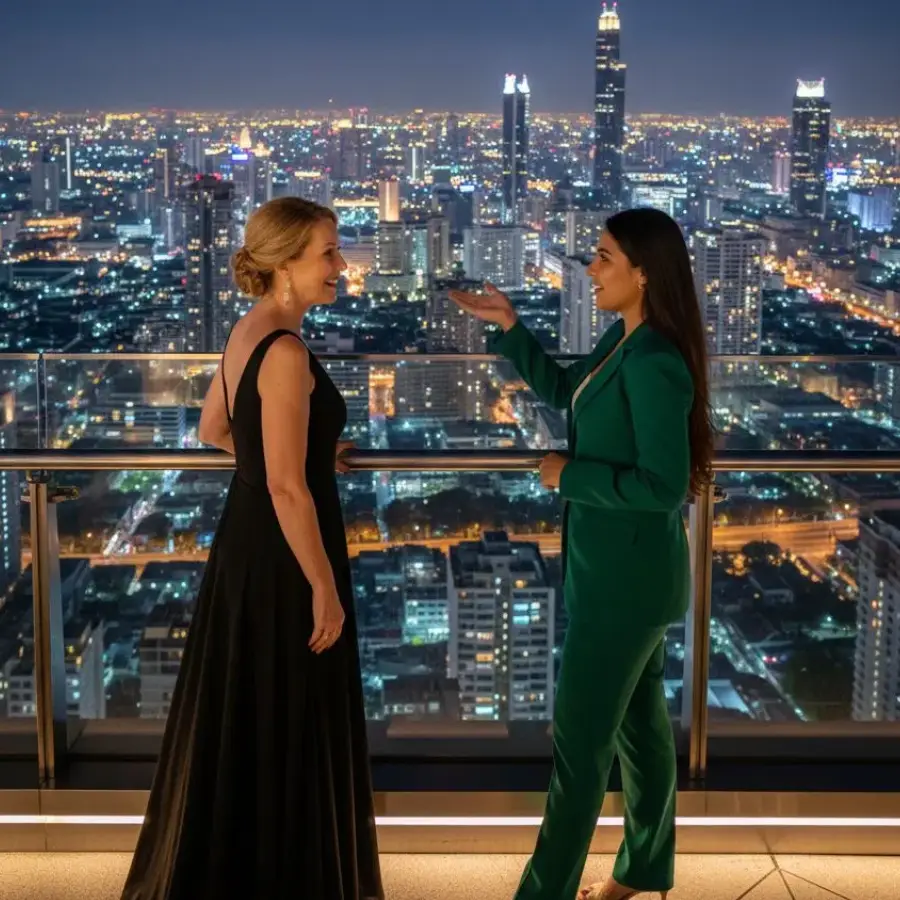 female concierge guiding a client across bangkok's luxury rooftop scene at night