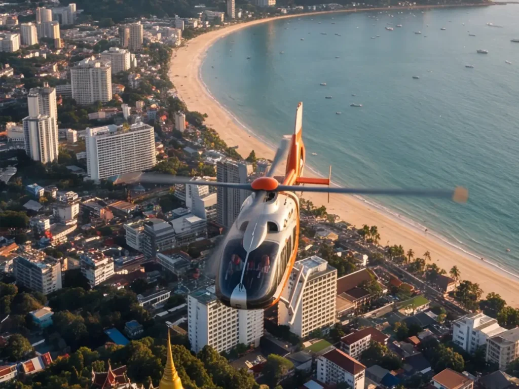 helicopter flying over pattaya beach during a bangkok to pattaya transfer