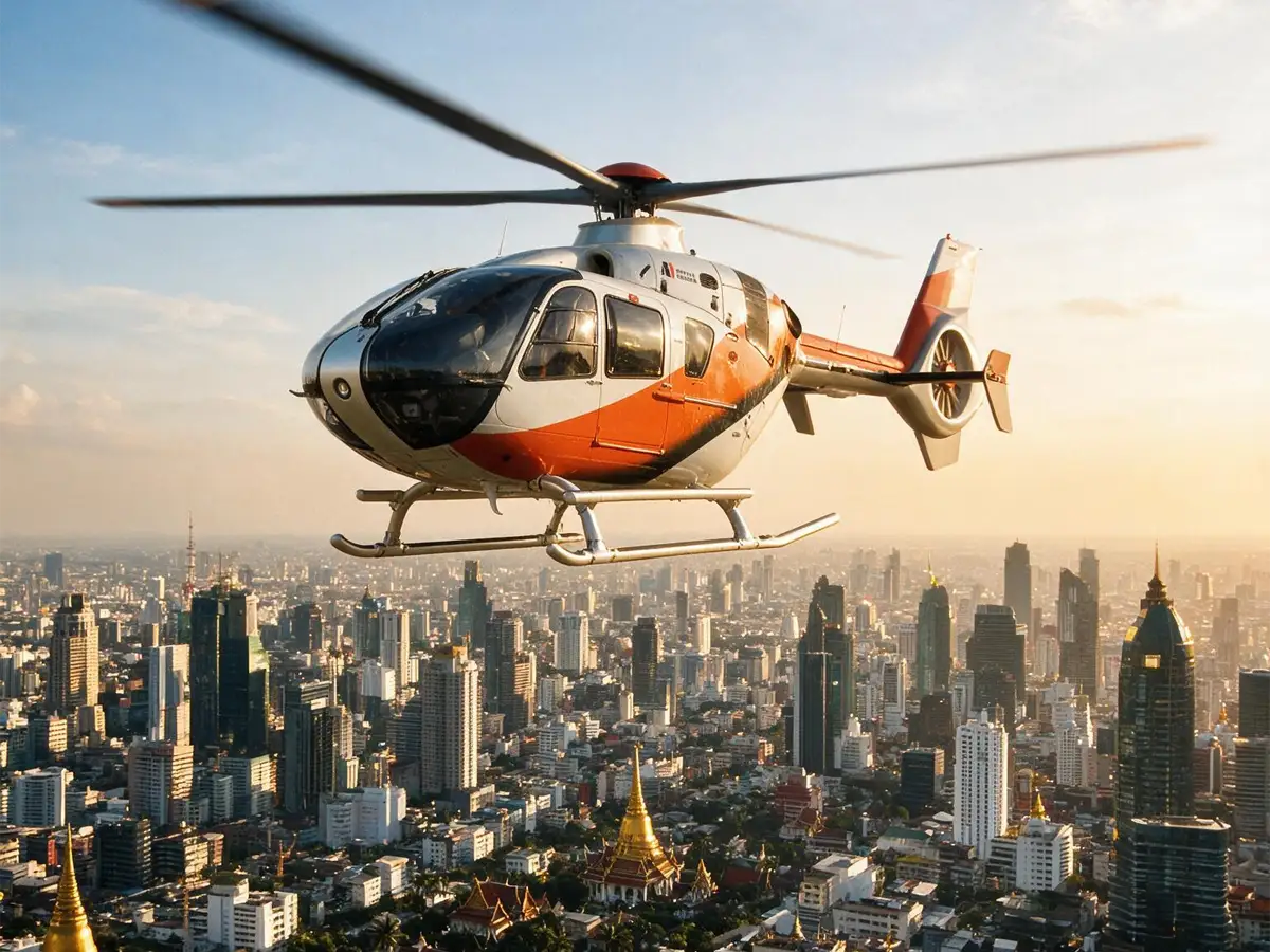 helicopter over bangkok skyline near wat arun at sunset