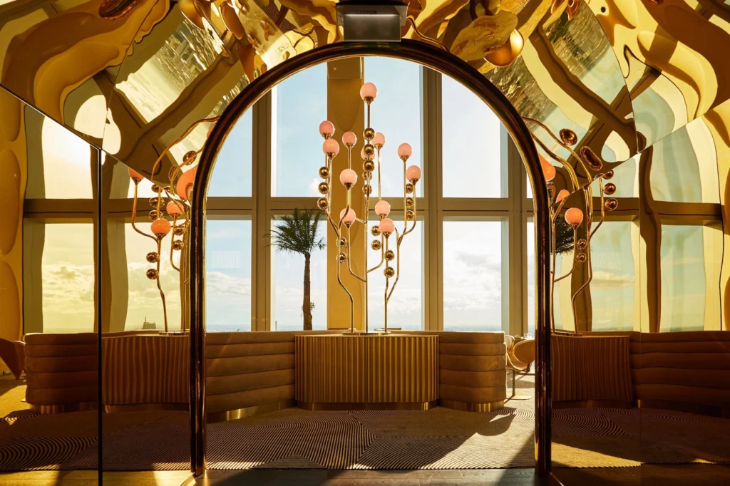 high rise restaurant Ojo Bangkok with gold decor in the highest tower in Bangkok the Mahanakhon King Tower