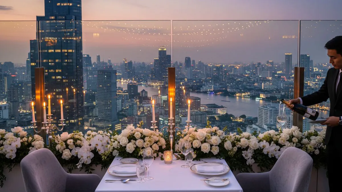 luxury rooftop dining experience in bangkok with skyline view and private table setup