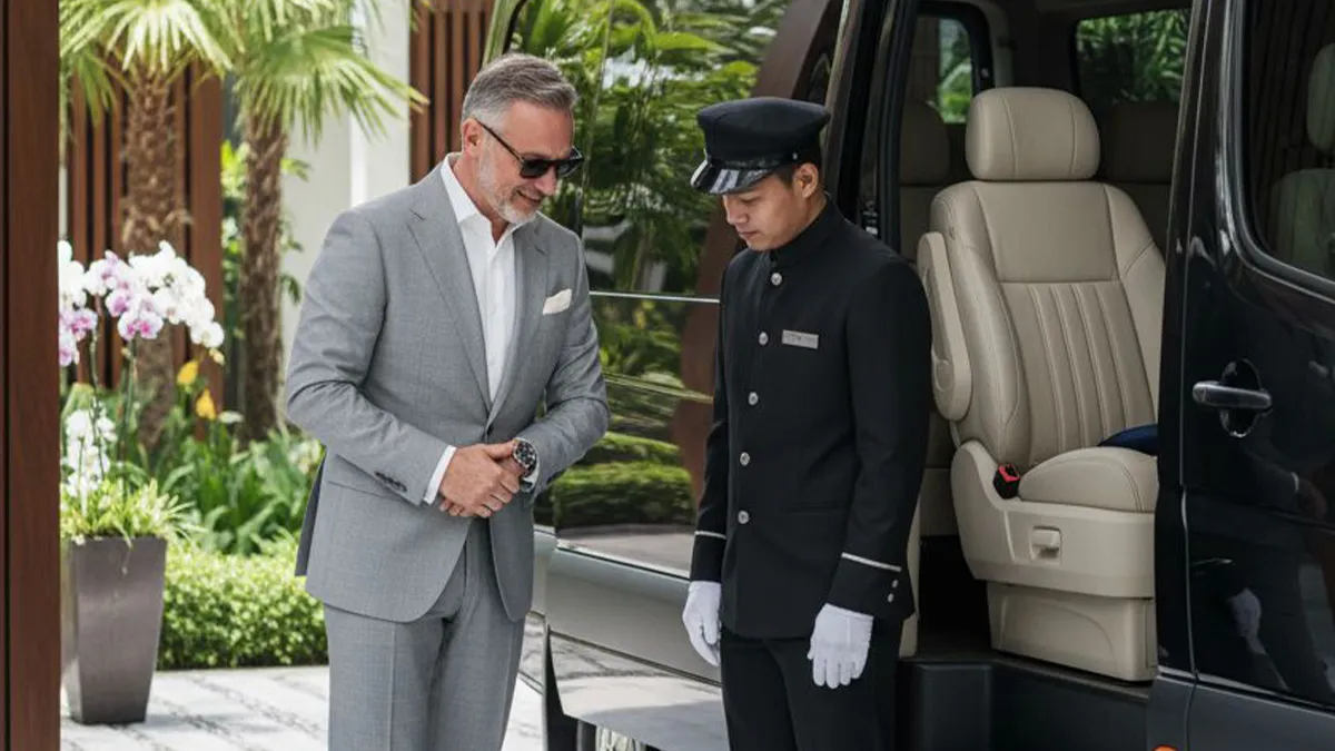 luxury van chauffeur assisting vip client at hotel entrance bangkok