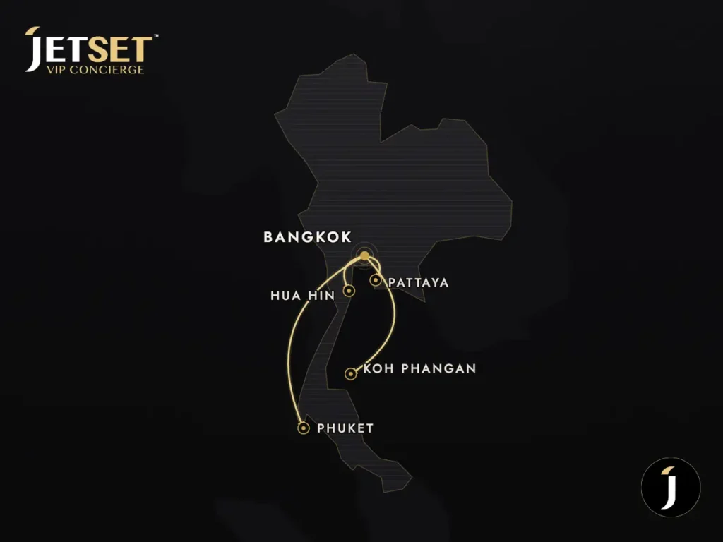 map of helicopter and transfer routes from bangkok across thailand by jetset vip concierge