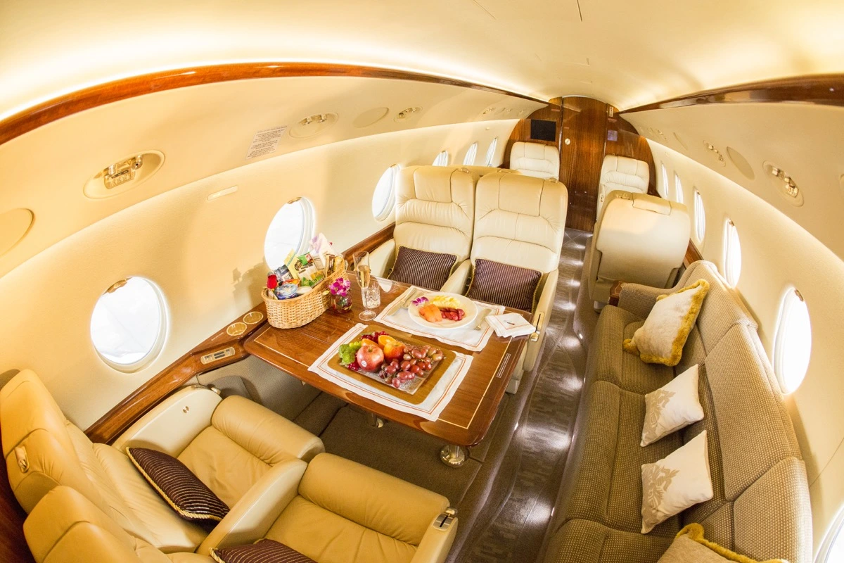 Comfortable leather seats inside private jet