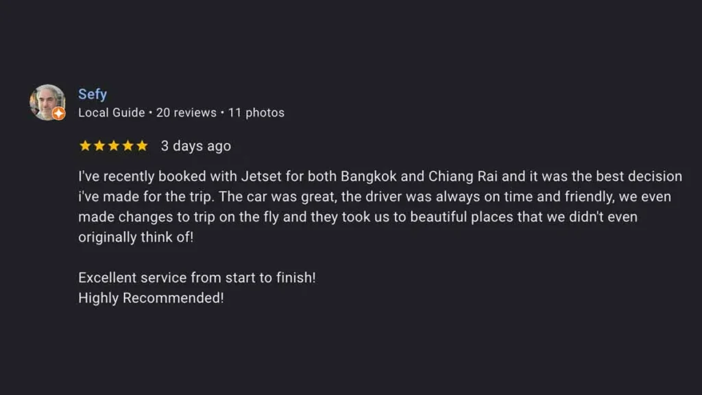 sefy 5 star review for jetset bangkok on google business