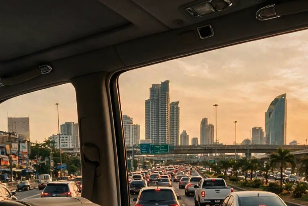 view of bangkok traffic from inside a luxury vehicle during a group transfer